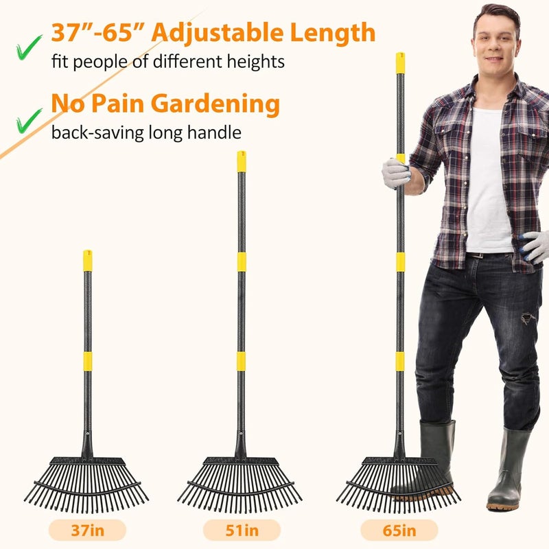 PoPoHoser Rake, Garden Rake for Leaves, Heavy Duty Metal Leaf Rakes with 37-65 inch Adjustable Steel Handle, 25 Tines 18" Wide Rake Garden Tools for Lawns Yard Flower Bed Grass Mulch Shrub Camping Gardening - Image 5